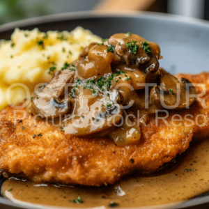 Schnitzel with champignon cream sauce and potato mash