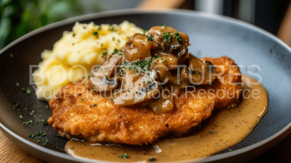 Schnitzel with champignon cream sauce and potato mash