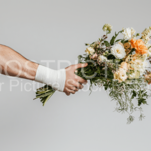 Man's Arm with flowers on grey background