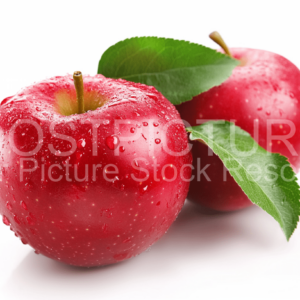 Red Apples with green leaves on white background