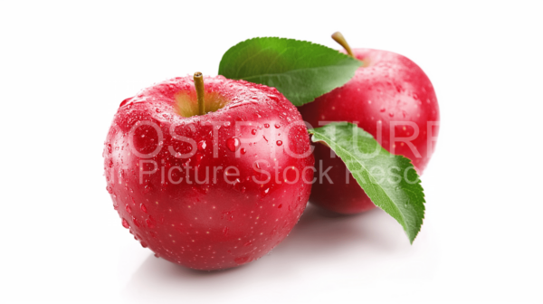 Red Apples with green leaves on white background