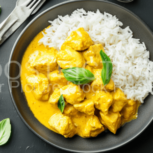 Yellow Thai Curry with rise in a bowl closeup