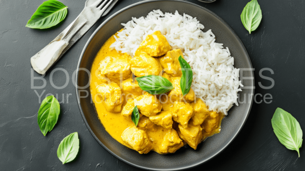 Yellow Thai Curry with rise in a bowl closeup