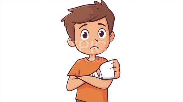 Boy with injured hand, comic style