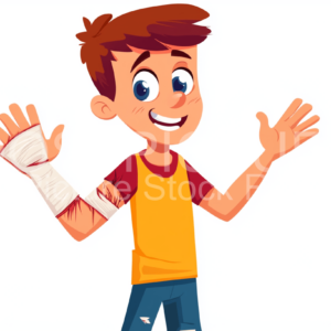 Injured boy with happy smile, comic style