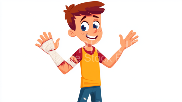 Injured boy with happy smile, comic style