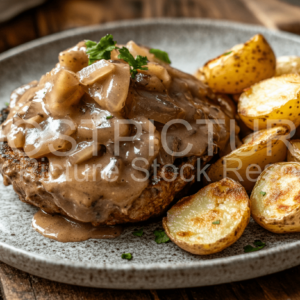 Food Burger with Mushroom and Onion Gravy, fried potatoes