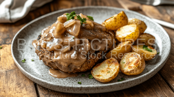 Food Burger with Mushroom and Onion Gravy, fried potatoes