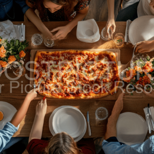 Family with pinsa on a big table as family event