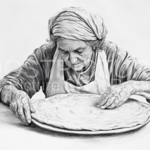 Pencil drawing of an old Italian Woman baking Pizza