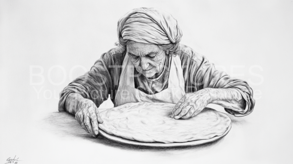 Pencil drawing of an old Italian Woman baking Pizza