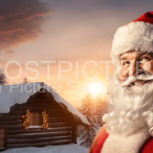 Santa Claus Christmas Greetins in front of wooden hut in Winterland