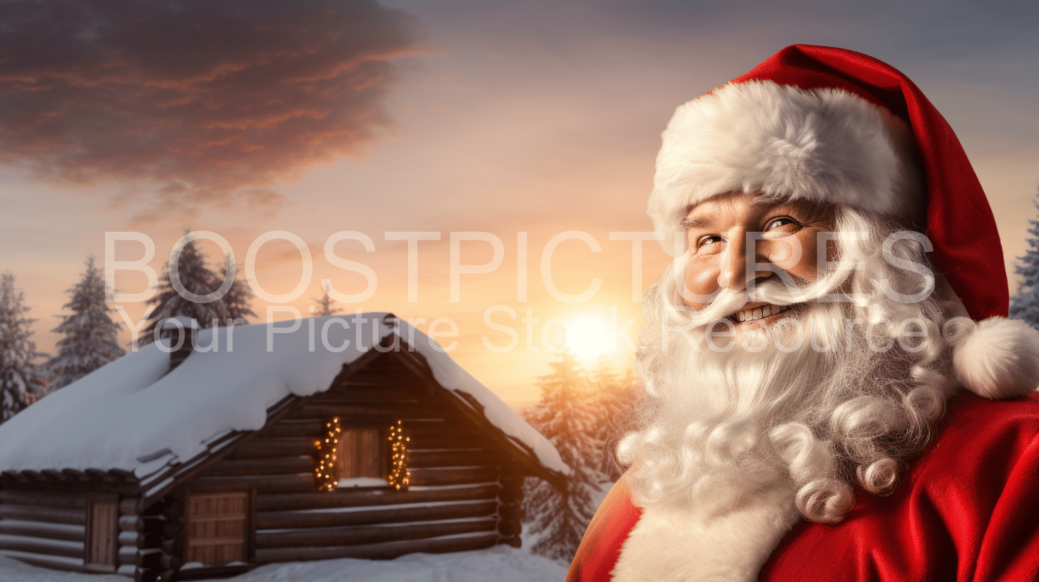 Santa Claus Christmas Greetins in front of wooden hut in Winterland
