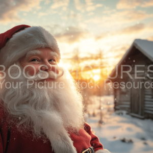 Santa Claus infront a wooden hut in winterland