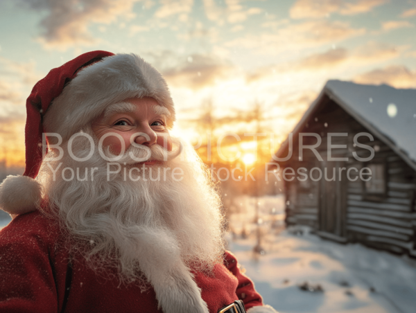 Santa Claus infront a wooden hut in winterland