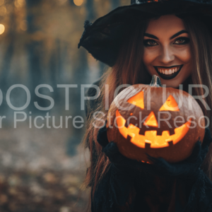 Halloween Witch with glowing pumpkin