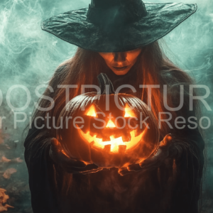 Mystic Witch with lightened pumpkins as Halloween decoration