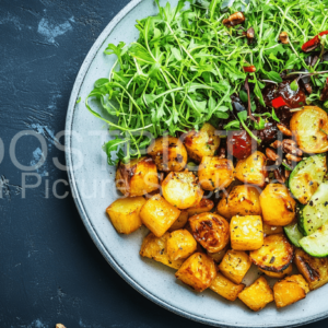 A plate of roasted potatoes, zucchini, and a fresh green salad