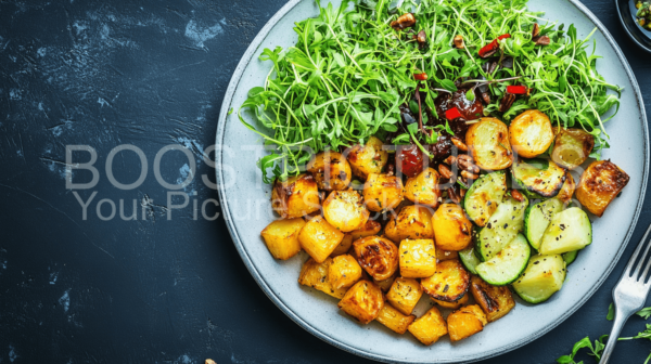 A plate of roasted potatoes, zucchini, and a fresh green salad