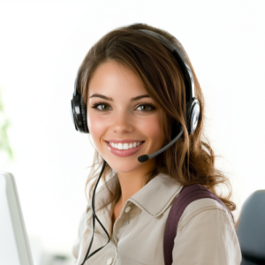 Smiling woman wearing a headset, sitting at a desk in front of a computer