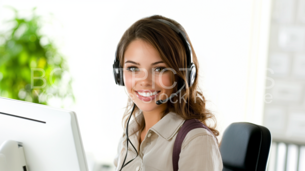 Smiling woman wearing a headset, sitting at a desk in front of a computer