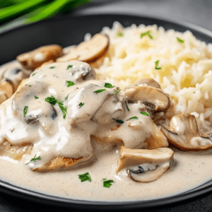 Tender Chicken in Mushroom Sauce with rice