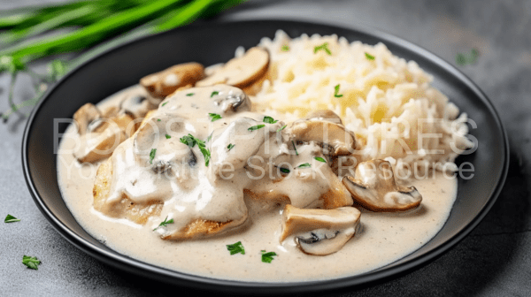 Tender Chicken in Mushroom Sauce with rice