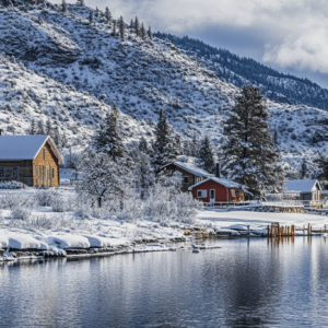 Winter landscape cabin at the lake