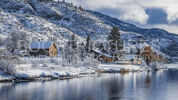 Winter landscape cabin at the lake