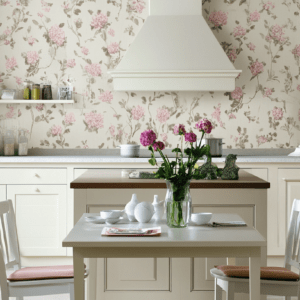 Pink flowered wallpaper in a kitchen