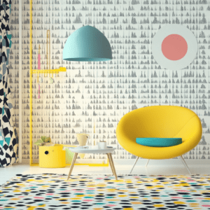 Colorful room with abstract wallpaper