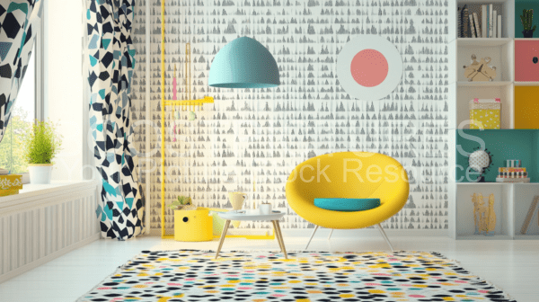 Colorful room with abstract wallpaper