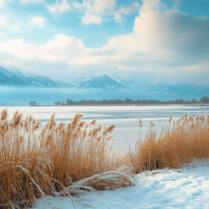 Winter landscape field and mountains