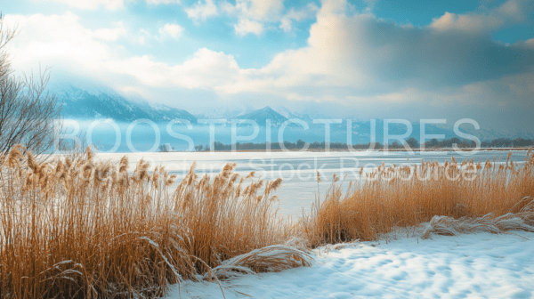 Winter landscape field and mountains