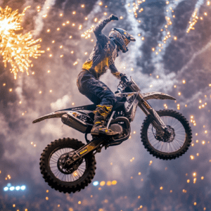 Motorcyclists in fireworks