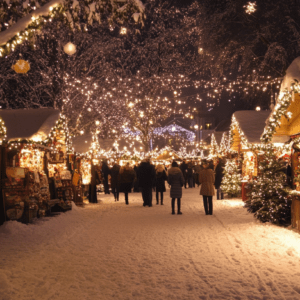 Christmas market in the snow with people