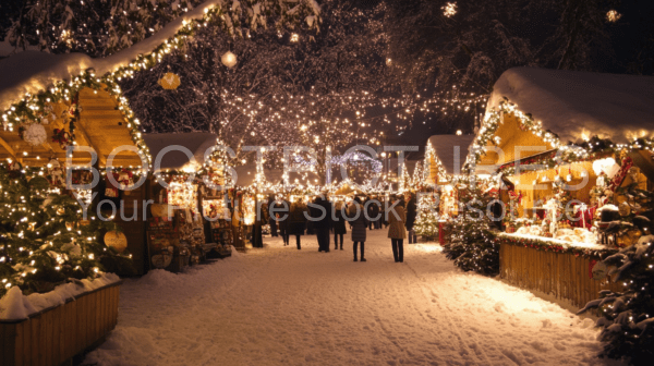 Christmas market in the snow with people