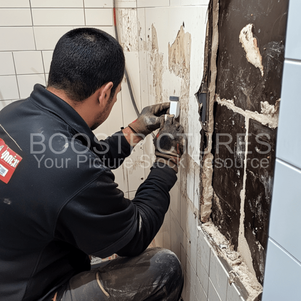 Men working at the tiles in bathroom