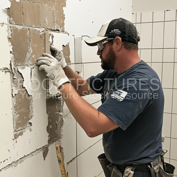 Man working in the bathroom, Tiles in the bathroom are chipped