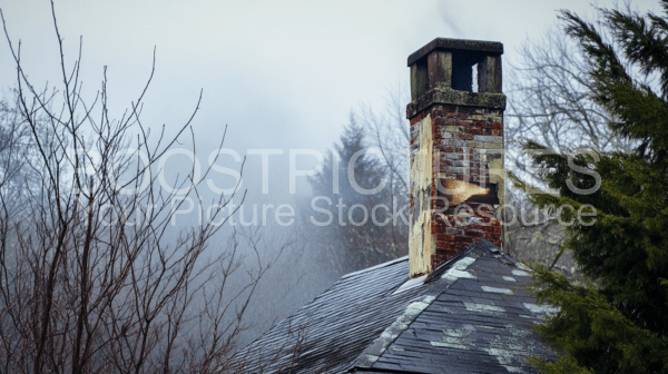 Smoky chimney in winter landscape