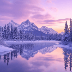 Winter landscape sunset in the mountains with lake