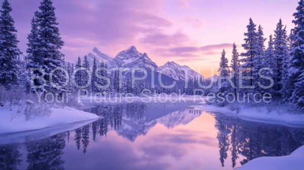 Winter landscape sunset in the mountains with lake