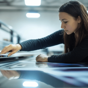 Focused Woman Operating a Large-Format Printing Machine in a Modern Workshop