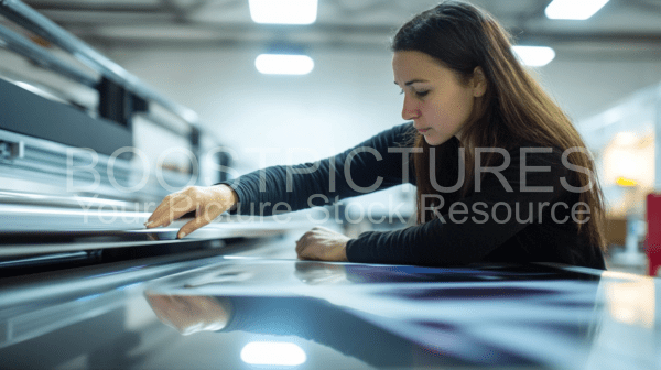 Focused Woman Operating a Large-Format Printing Machine in a Modern Workshop