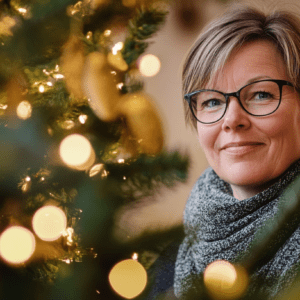 Middle age woman, wearing glasses with blond hair at christmas