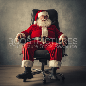 A man dressed as Santa Claus is sitting comfortably in a black leather office chair.