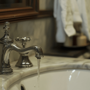 A close-up of an ornate, vintage-style chrome faucet.