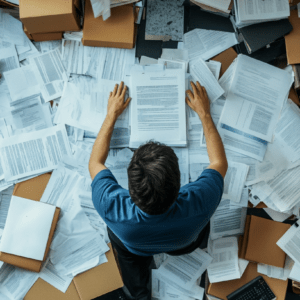 A man wearing a blue shirt is sitting amidst a chaotic scene filled with countless papers, documents, and cardboard folders scattered all around him.