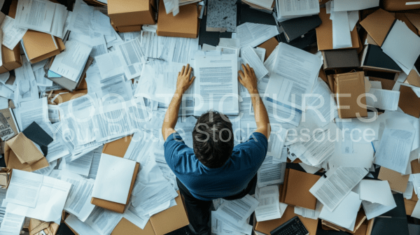 A man wearing a blue shirt is sitting amidst a chaotic scene filled with countless papers, documents, and cardboard folders scattered all around him.