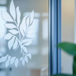 A close-up of a frosted glass door with an etched leaf design.